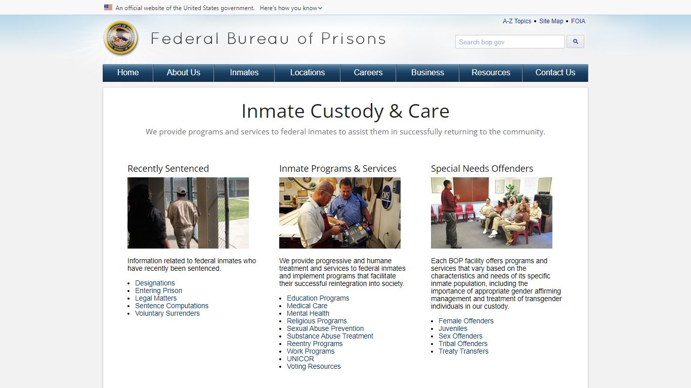 BOP: Inmate Custody and Care - Federal Bureau of Prisons